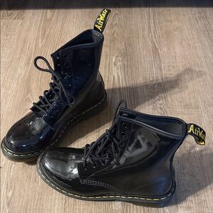 Dr. Martens Black Patent 8-Eye Combat Boots with Yellow Stitching